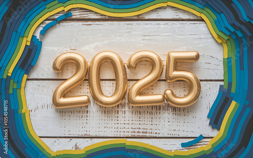 Golden 2025 on white wood with blue and yellow stripes  new year celebration   