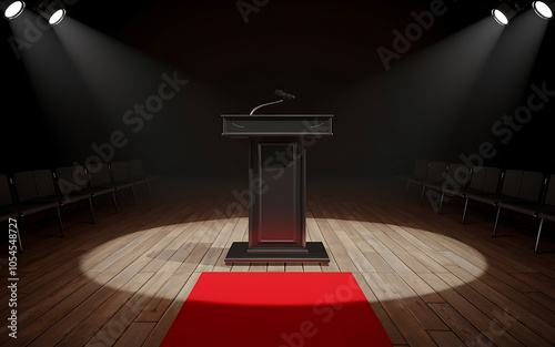 Black podium  red carpet  and empty chairs  anticipation and excitement  a formal event   