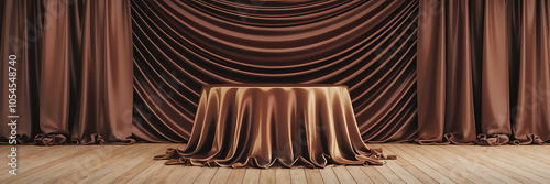 Elegant brown satin curtains and table  luxurious product display  premium quality  perfect for showcasing your products   