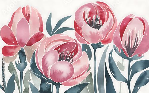 Watercolor pink and red flowers with teal leaves  romantic floral design  spring and wedding   