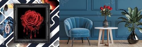 A framed red rose dripping blood against a blue velvet armchair and a black vase with green leaves  a dark and moody interior design concept   