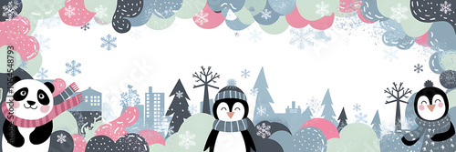 Cute Panda and Penguins in Winter Wonderland with Pink and Blue Colors Winter Holiday Greeting Card Design  