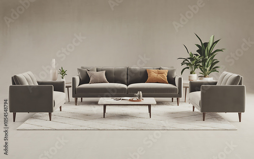Modern gray sofa living room interior design with a beige rug and green plants   