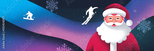 Santa Claus in red and white  skiing in blue and white  winter holiday celebration   
