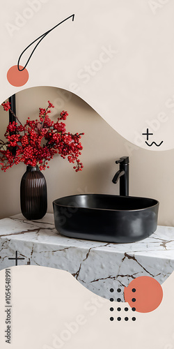Modern bathroom design with black sink and red berries in vase on marble counter  Minimalist style 