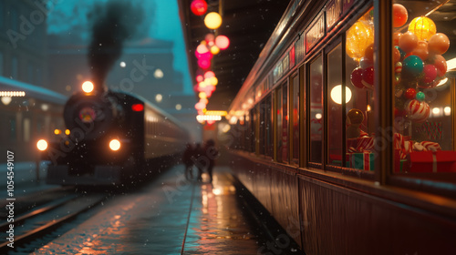 North Pole Train station with Christmas Santa express train awaiting for children, snowing outside with steam, Christmas lights and spirits, beautiful night, full of joy, magical moment, xmas holidays