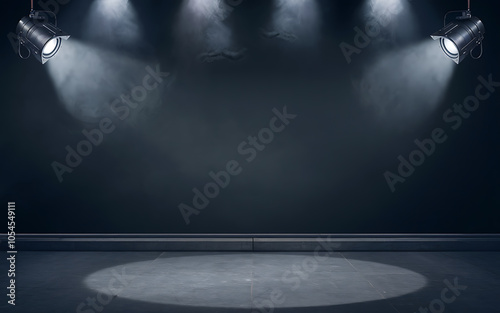 Black spotlights illuminate a stage with a dramatic and mysterious feel   