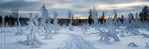 Snow covered trees and a snowy path in a winter wonderland  perfect for a winter holiday or nature photography   