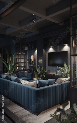 Modern interior design with blue sofa and black walls  creating a cozy and stylish living room   