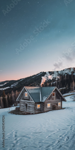 Cozy wooden cabin with warm lights and snowy landscape  a perfect winter escape   