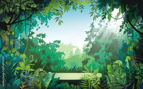 Lush green jungle with sunlight shining through leaves  perfect for product placement   