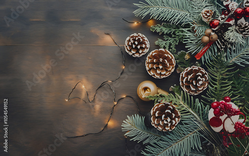 Festive pine cones and green branches on dark wood with warm lights  perfect for Christmas and winter holidays   