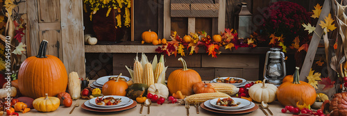 Rustic Thanksgiving table setting with orange pumpkins and yellow corn  perfect for fall harvest celebrations   