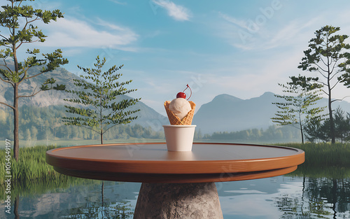 White ice cream cone on wooden table with mountains and lake background  summer  nature  and serenity   