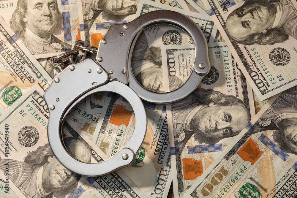 Handcuffs on pile of dollar banknotes, above view Handcuffs on pile of dollar banknotes, above view