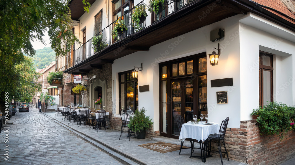 Obraz premium Charming outdoor dining experience in a historic alleyway restaurant