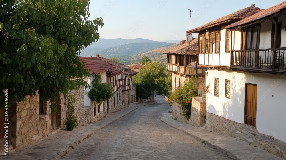 Charming cobblestone street in a historic village on a sunny afternoon