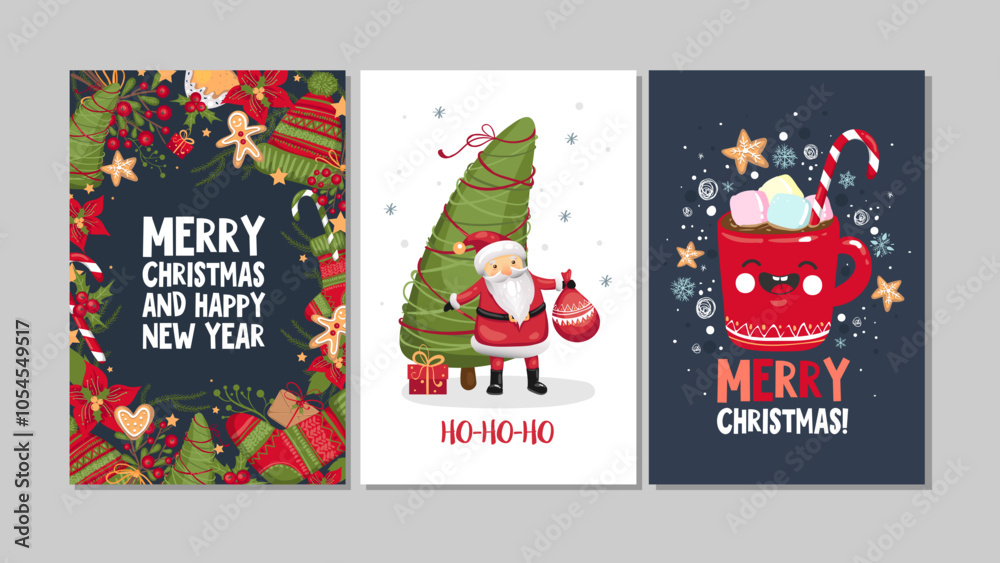 Fototapeta premium Collection of cute Merry Christmas and Happy New Year greeting cards. Kawaii anime style. Set of hand drawn holiday posters templates, postcard design. Vector illustration EPS 10
