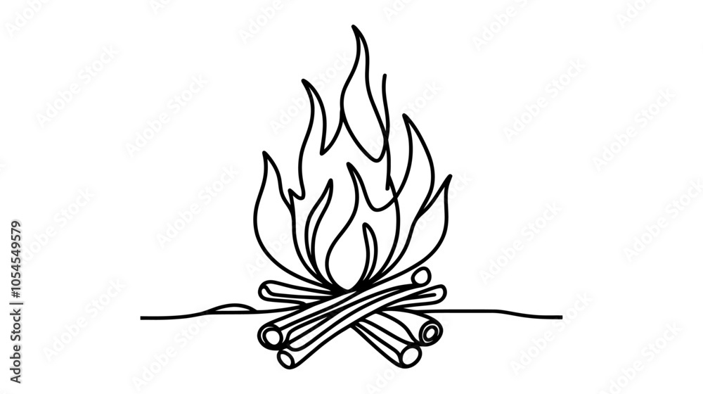 One continuous line illustration of a campfire, isolated on white background.
