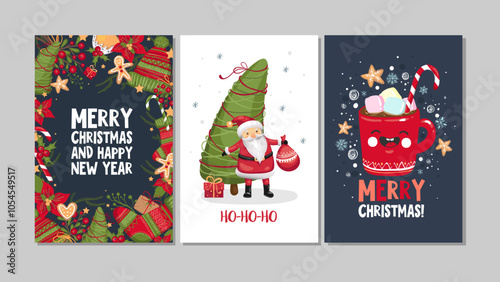 Collection of cute Merry Christmas and Happy New Year greeting cards. Kawaii anime style. Set of hand drawn holiday posters templates, postcard design. Vector illustration EPS 10