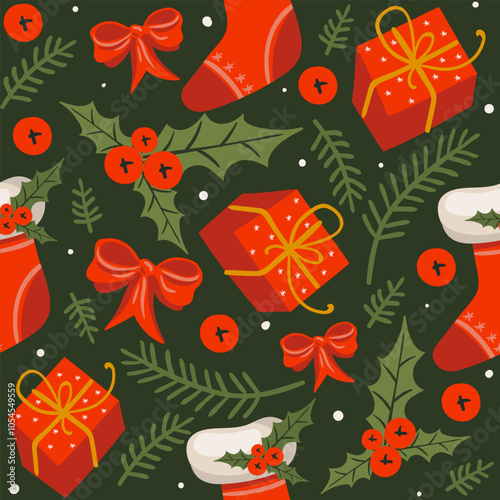 Seamless Christmas Pattern with gifts and Green Spruce Branches, Mistletoe and Berries