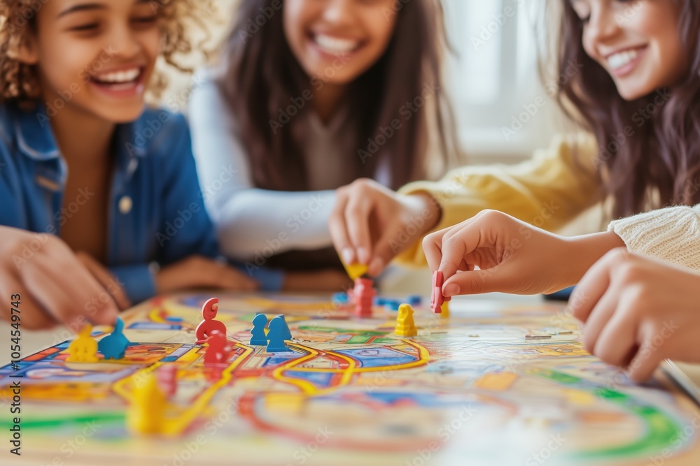 Fototapeta premium Children playing a colorful board game together, symbol of friendship and fun