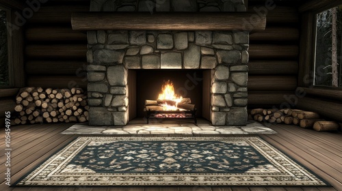 A traditional rock fireplace displays a warm fire, surrounded by neatly stacked logs and soft cushions in a charming cabin, creating a welcoming atmosphere perfect for relaxation