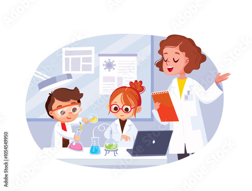 Pupils students are in chemistry class studying chemistry making science experiment. boy pouring test tube, girl making notes, teacher explaining lesson, introducing subject. Vector flat design.