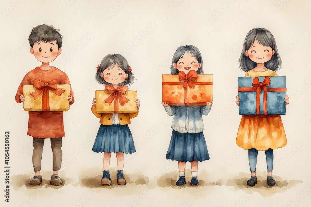 Four joyful children stand together, each holding a beautifully wrapped gift, radiating happiness and excitement during a festive celebration Four joyful children stand together, each holding a beautifully wrapped gift, radiating happiness and excitement during a festive celebration