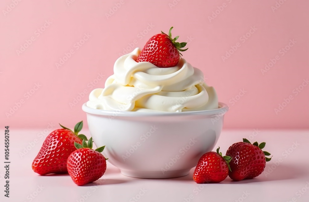A bowl filled with luscious cream sits on a pastel surface, topped with ripe strawberries, creating a delightful and inviting dessert display A bowl filled with luscious cream sits on a pastel surface, topped with ripe strawberries, creating a delightful and inviting dessert display