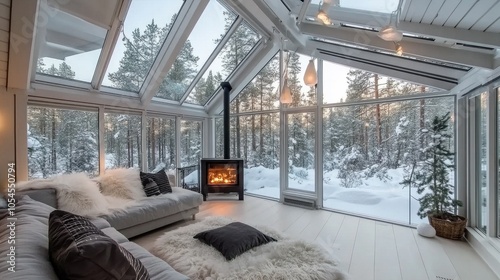 A bright and inviting living room features a cozy couch, a fluffy white rug, and large windows that showcase a snowy outdoor landscape, creating a serene atmosphere