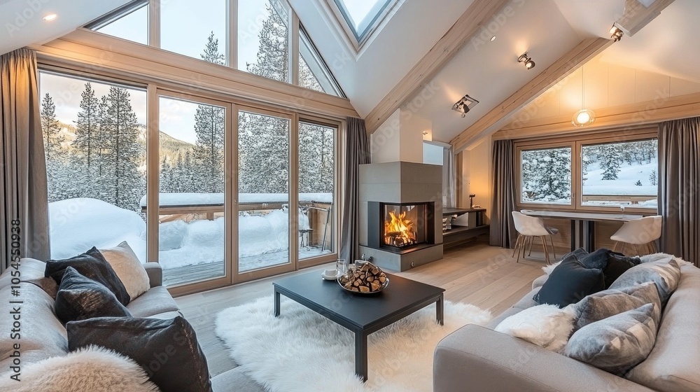 A bright and inviting living room features a cozy couch, a fluffy white rug, and large windows that showcase a snowy outdoor landscape, creating a serene atmosphere A bright and inviting living room features a cozy couch, a fluffy white rug, and large windows that showcase a snowy outdoor landscape, creating a serene atmosphere