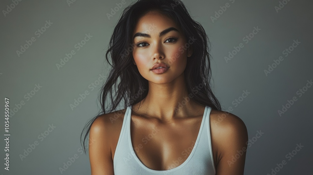 Beautiful woman in white T-shirt Female breast dark background Beautiful woman in white T-shirt Female breast dark background