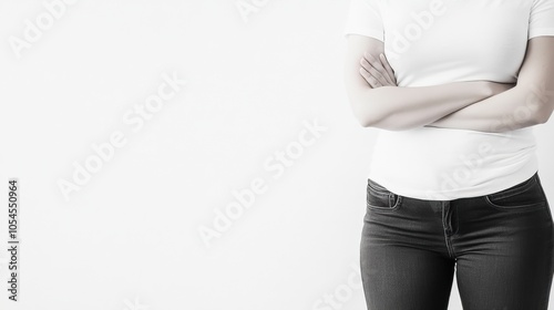 A person stands with arms crossed against a plain white background indoors