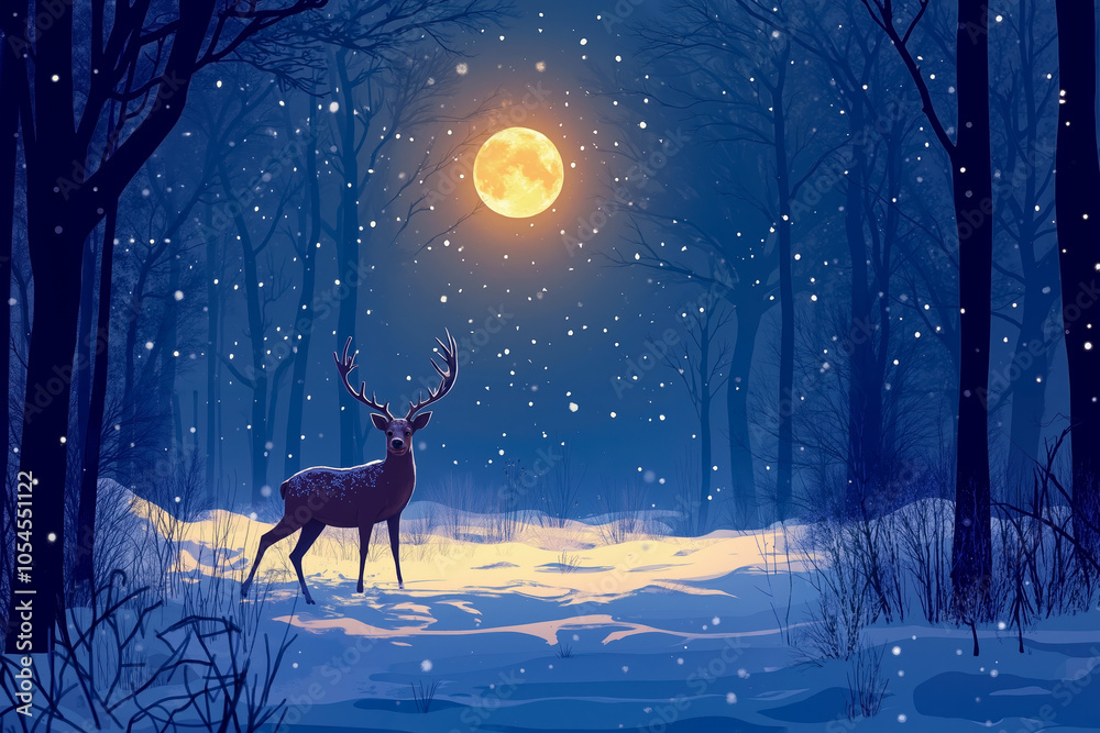 A deer stands in a snowy forest under a full moon A deer stands in a snowy forest under a full moon