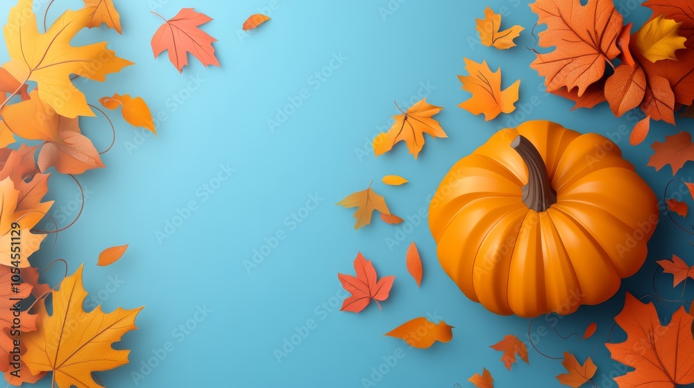 Vibrant Autumn Scene with Pumpkin and Colorful Leaves Vibrant Autumn Scene with Pumpkin and Colorful Leaves