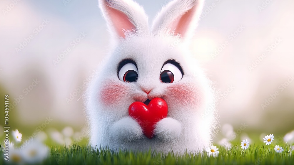 A cute white bunny holds a red heart in its paws. The bunny is sitting in a field of flowers. A cute white bunny holds a red heart in its paws. The bunny is sitting in a field of flowers.