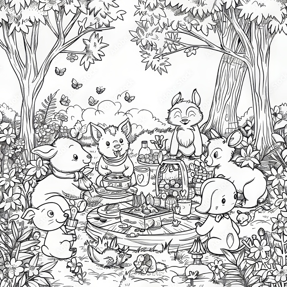 Fototapeta premium A group of cute cartoon animals enjoy a picnic in a sunny forest clearing.