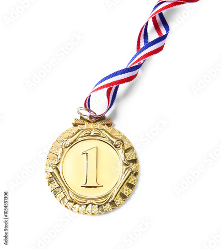 One golden medal isolated on white, top view