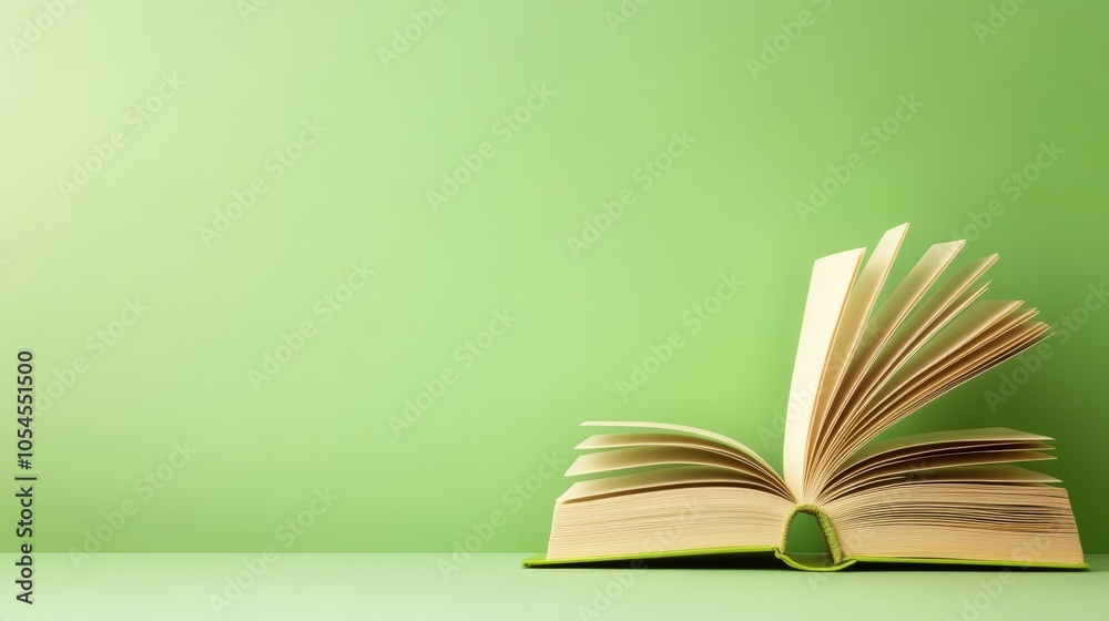 Open book resting on a green surface with pages fanned out Open book resting on a green surface with pages fanned out