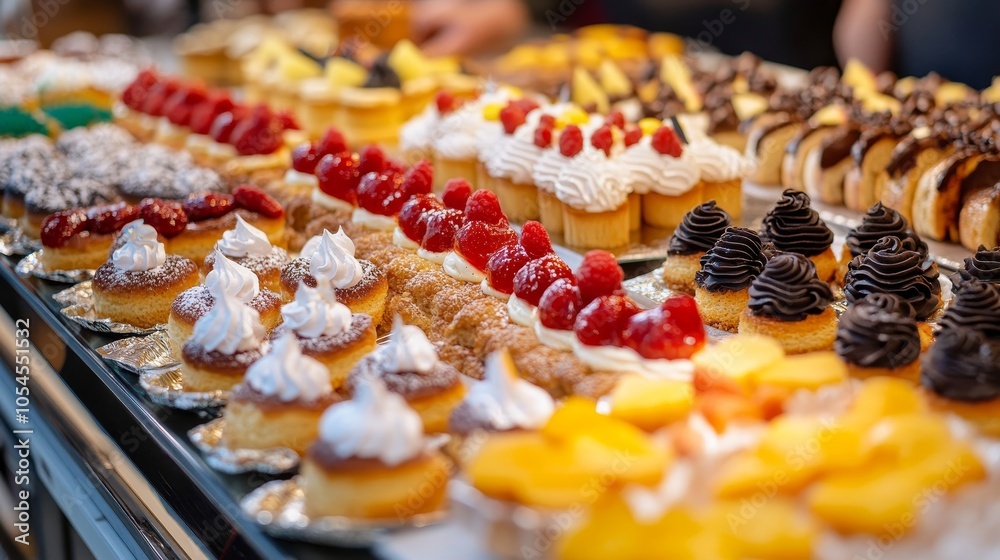 An appetizing selection of assorted pastries and desserts, including cupcakes, tarts, and eclairs, beautifully arranged in a vibrant and enticing display. An appetizing selection of assorted pastries and desserts, including cupcakes, tarts, and eclairs, beautifully arranged in a vibrant and enticing display.