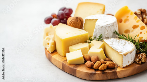 A beautifully arranged gourmet cheese board with various cheeses, nuts, and grapes set for an elegant gathering