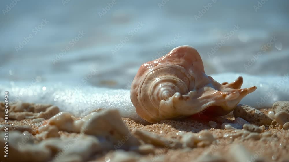 Conch, Light pink, beautiful sea shells with sand and back light, rotation, on black background