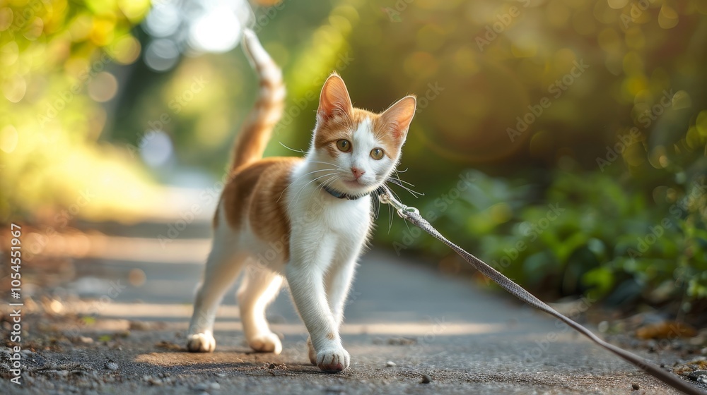 An orange and white cat confidently walks on a leash along a sunlit path, surrounded by lush greenery, showcasing a blend of curiosity and independence. An orange and white cat confidently walks on a leash along a sunlit path, surrounded by lush greenery, showcasing a blend of curiosity and independence.