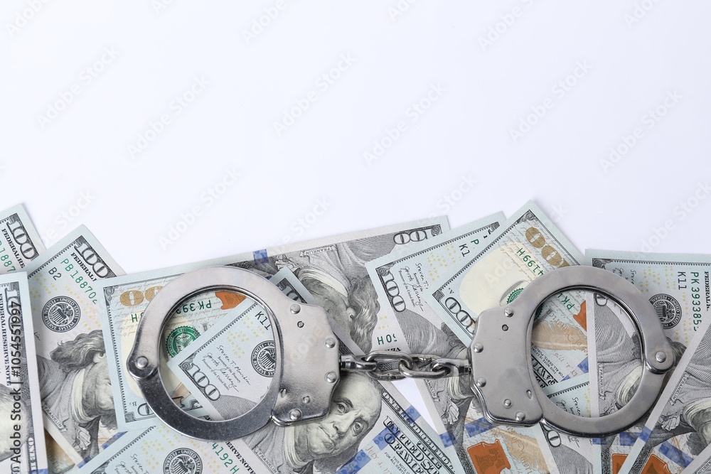 Corruption concept. Handcuffs and dollar banknotes on white background, top view Corruption concept. Handcuffs and dollar banknotes on white background, top view
