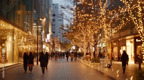 Evening walk on a vibrant street lit with holiday lights