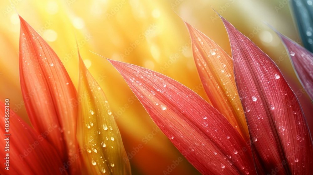 Fototapeta premium Vibrant tropical leaves with water droplets, perfect for bright and dynamic background wallpaper use