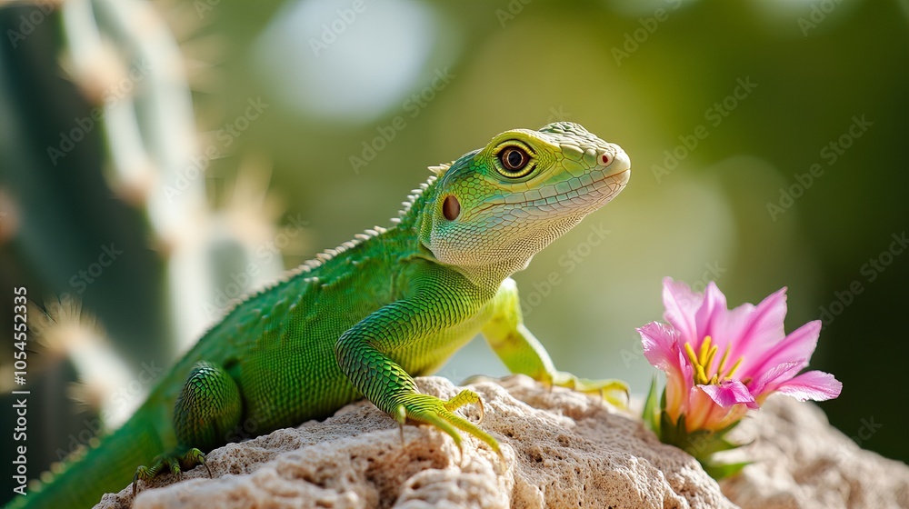 Fototapeta premium A green lizard perched on a rock with a pink flower in the background.