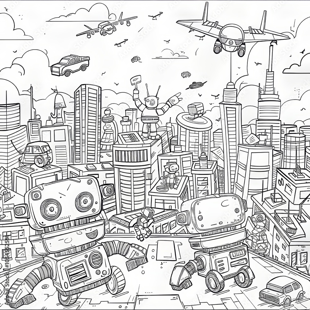 Fototapeta premium A cartoon cityscape filled with robots and flying cars, a whimsical depiction of a future city.