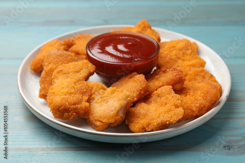 Delicious chicken nuggets with ketchup on blue wooden table, closeup photo